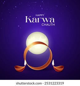 Happy Karwa Chauth Social Media Post and Greetings. Indian Hindu festival Moon puja worship. Illustration design of Karwa Chauth.