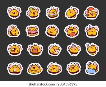 Happy kawaii bee. Sticker Bookmark. Funny cartoon characters. Hand drawn style. Vector drawing. Collection of design elements.