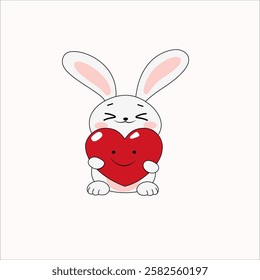 Happy kawaii bunny holding a big red heart, symbolizing love and affection. A great choice for Valentine's Day designs, greeting cards, and stickers.