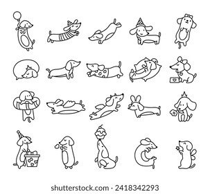 Happy kawaii dachshund. Coloring Page. Cute cartoon dog characters. Hand drawn style. Vector drawing. Collection of design elements.