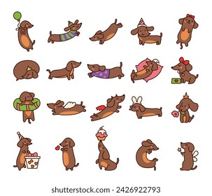 Feliz kawaii dachshund. Lindos personajes de perro de dibujos animados. Estilo dibujado a mano. Dibujo vectorial. Colección de elementos de diseño.