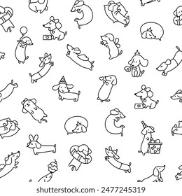 Happy kawaii dachshund. Seamless pattern. Coloring Page. Cute cartoon dog characters. Hand drawn style. Vector drawing. Design ornaments.