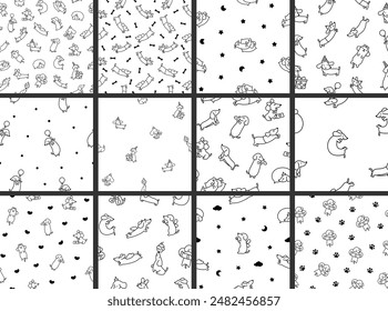 Happy kawaii dachshund. Seamless pattern. Coloring Page. Cute cartoon dog characters. Hand drawn style. Vector drawing. Collection of design ornaments.