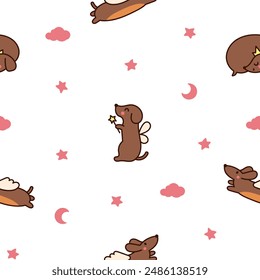 Happy kawaii dachshund. Seamless pattern. Cute cartoon dog characters. Hand drawn style. Vector drawing. Design ornaments.