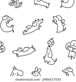 Happy kawaii dachshund. Seamless pattern. Coloring Page. Cute cartoon dog characters. Hand drawn style. Vector drawing. Design ornaments.