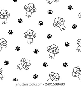 Happy kawaii dachshund. Seamless pattern. Coloring Page. Cute cartoon dog characters. Hand drawn style. Vector drawing. Design ornaments.