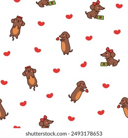 Happy kawaii dachshund. Seamless pattern. Cute cartoon dog characters. Hand drawn style. Vector drawing. Design ornaments.