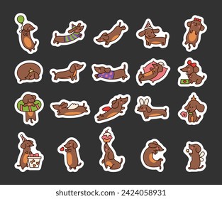 Happy kawaii dachshund. Sticker Bookmark. Cute cartoon dog characters. Hand drawn style. Vector drawing. Collection of design elements.