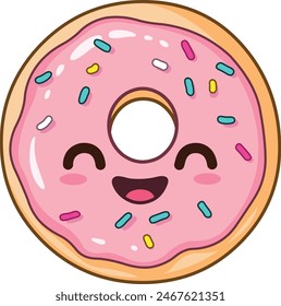 Happy kawaii donut with pink glazing and colorful sprinkles in a kawaii style