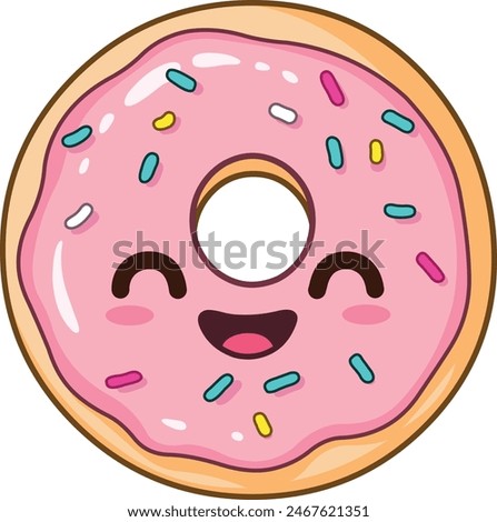 Happy kawaii donut with pink glazing and colorful sprinkles in a kawaii style