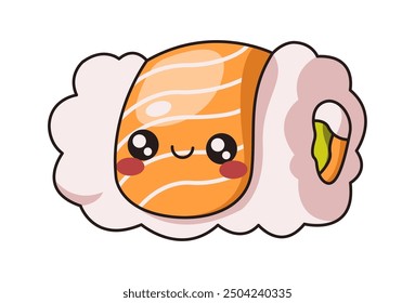 Happy Kawaii face on sushi roll salmon flat color vector illustration. Japanese culinary traditions. Healthy seafood character on white background