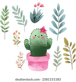  happy kawaii face vector illustration , Cute cactus vector flat stickers , Cute happy funny succulents plants,cacti,flower emoji set collection.Vector cartoon kawaii character illustration.