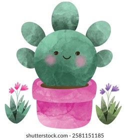  happy kawaii face vector illustration , Cute cactus vector flat stickers , Cute happy funny succulents plants,cacti,flower emoji set collection.Vector cartoon kawaii character illustration.