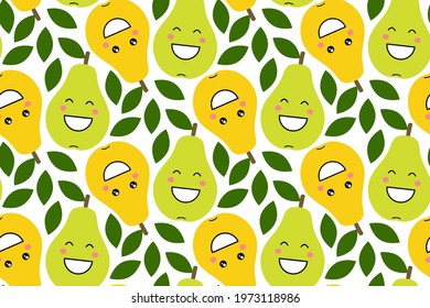 Happy kawaii fruits prints for kids. Cute seamless pattern with smiley pears in cartoon style. Ornament with smiling funny fruit. Design for clothes, textile, fabric, wrapping, scrap, gift paper