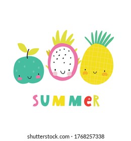 Happy kawaii fruits summer prints for kids.  Cute fruits and berries characters -  Dragon Fruit, Pineapple, Apple