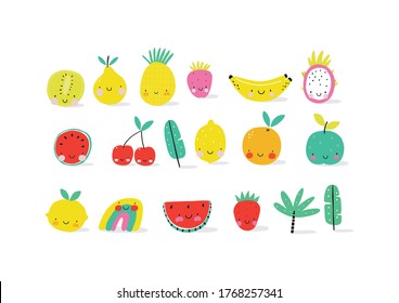 Happy kawaii fruits summer prints for kids.  Cute fruits and berries characters - Lemon, Pear, Strawberry, Watermelon, Dragon Fruit, Pineapple, Apple