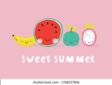 Happy kawaii fruits summer prints for kids.  Cute fruits and berries characters - banana, Watermelon, Dragon Fruit,  Apple