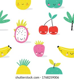 Happy kawaii fruits summer prints for kids.  Seamless pattern with Cute fruits and berries characters - Lemon, Strawberry, Banana, Pineapple, Apple