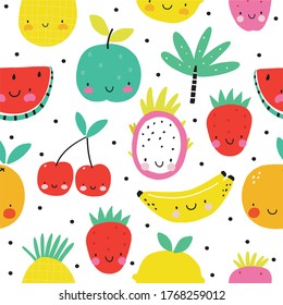 Happy kawaii fruits summer prints for kids.  Seamless pattern with Cute fruits and berries characters - Lemon, Strawberry, Banana, Pineapple, Apple