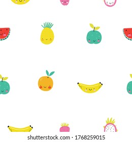 Happy kawaii fruits summer prints for kids.  Seamless pattern with Cute fruits and berries characters - Lemon, Strawberry, Banana, Pineapple, Apple