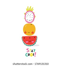 Happy kawaii fruits summer prints for kids.  Cute fruits and berries characters -  Dragon Fruit, Orange, watermelon
