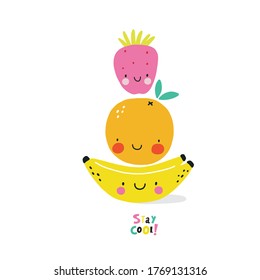 Happy kawaii fruits summer prints for kids.  Cute fruits and berries characters -  Strawberries, banana, orange