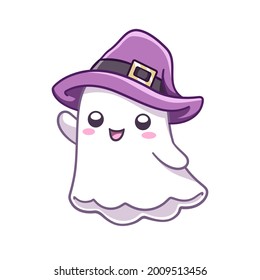 Happy kawaii ghost waving wearing a witch costume. Halloween costume party card invitation print, shirt or product print, sticker design