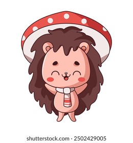 Happy Kawaii hedgehog wears quirky mushroom hat flat color vector. Charming forest creature adds whimsical touch to illustration on white background