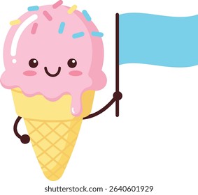 Happy Kawaii Ice Cream Character with Sprinkles and Flag – Cute Summer Dessert Vector