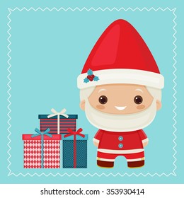 Happy kawaii inspired Santa Claus with gift boxes