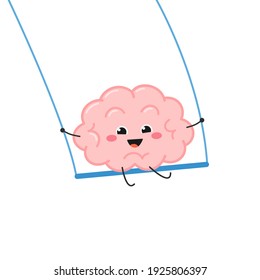 Happy kawaii laughing brain character on swing. Vector flat illustration isolated on white background