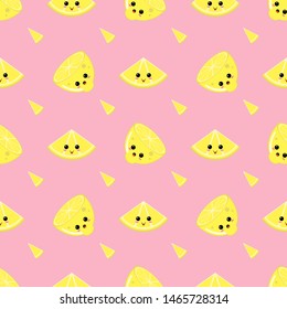 Happy kawaii lemon slices on bright pink background. Seamless vector pattern. Funny childish emoticons. Design concept for print, textile, birthday gift, wrapping paper.