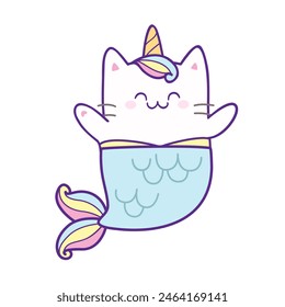 Happy Kawaii Mermaid Cat Unicorn in pastel color style vector. Cute cartoon Kitten Boy Unicorn with fish tail.  Happy Mermaid Unicorn for greeting card design, kids, apparel prints