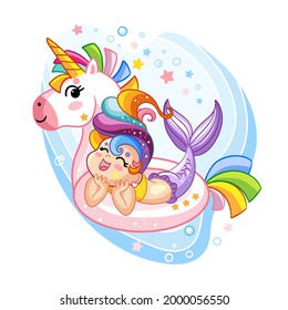 Happy kawaii mermaid in inflatable circle in shape of unicorn. Vector cartoon character isolated illustration. Stock illustration. For t-shirt and apparel, print and design, poster,card, sticker,decor