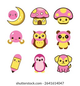 Happy kawaii objects and creatures presented with cheerful faces and clean lines Line Art Vector illustration