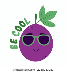 Happy kawaii passion fruit in sunglasses with the inscription be cool. Cartoon mascot fruit character. Isolated vector illustration on white background.