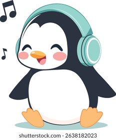 Happy Kawaii Penguin with Music Headphones – Flat Cartoon Vector