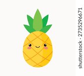 Happy Kawaii Pineapple Fruit Character with Green Spiky Leaves on White Background Keywords: pineapple, fruit, kawaii, cute, character