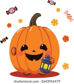 Happy Kawaii Pumpkin Character with Candy and Lantern for Halloween