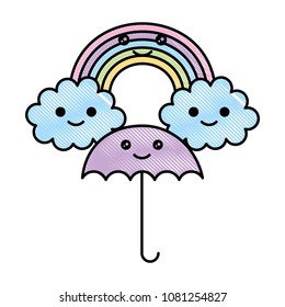 happy kawaii rainbow clouds umbrella cartoon