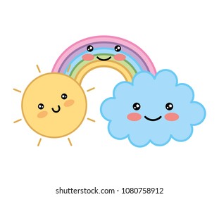 happy kawaii rainbow sun clouds cartoon