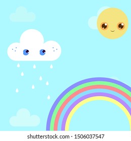 happy kawaii rainbow sun clouds cartoon