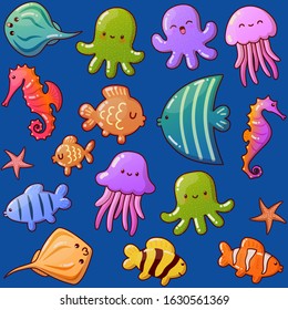 Happy Kawaii Smiling Ocean Fish, Octopuses, Starfishes3, Seahorses, Stingrays and Jellyfishes