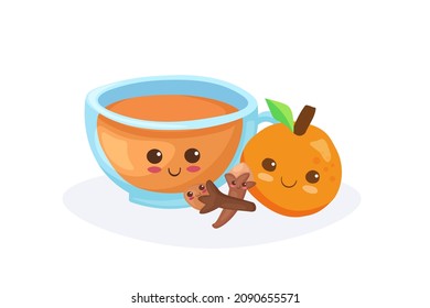 Happy Kawaii Tea Cup with Orange and Cloves. Comic funny food characters. Vector cartoon illustration. Use for children menu, bakery, card, stickers, print. Cute elements isolated on white background.