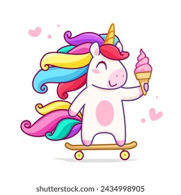 Happy Kawaii Unicorn ride on skateboard. Cute Unicorn with rainbow hair and skateboard and Ice Cream. Funny Unicorn Pony for kids stickers and apparel print design. Isolated vector illustrator