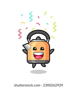 happy kettle mascot jumping for congratulation with colour confetti , cute style design for t shirt, sticker, logo element