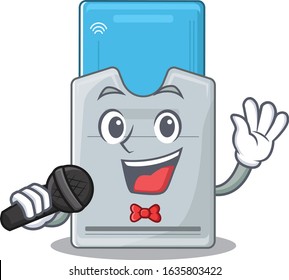 Happy key card singing on a microphone