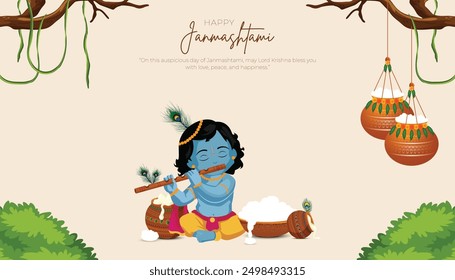 Feliz Khrishna Janmashtami y dahi handi festival hindú de feliz shree señor krishna dios nacido con texto janmashtami y fondo de gradiente. diseño de Ilustración vectorial abstracto.