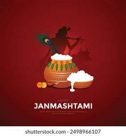 Feliz Khrishna Janmashtami y dahi handi festival hindú de feliz shree señor krishna dios nacido con texto janmashtami y fondo de gradiente. diseño de Ilustración vectorial abstracto.