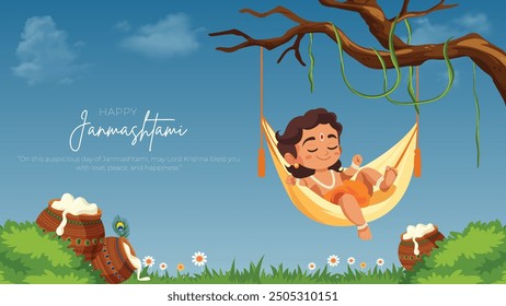 Happy Khrishna Janmashtami und Dahi Handi Hindu Festival der glücklichen Shree Lord krishna Gott geboren mit Janmashtami Text und Farbverlauf Hintergrund. abstrakte Vektorgrafik.